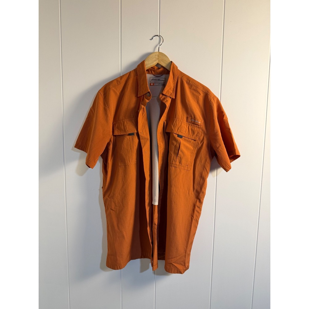 Eddie Bauer Fishing Shirt XL Orange Short Sleeve Vented Mesh Classic Fit Utility